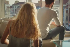 Pareja sentada separada en la habitación, simbolizando cómo afrontar un divorcio y superar la ruptura de pareja.