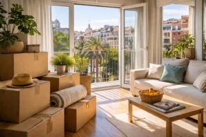 Apartamento luminoso en València con cajas preparadas para una nueva etapa de vida en la ciudad.