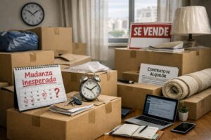 Mudanza inesperada en un piso urbano con cajas de cartón, documentos y objetos personales preparados para un traslado no planificado.