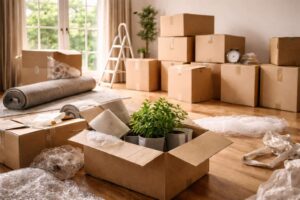 Salón vacío tras una mudanza, con cajas y luz natural entrando por la ventana