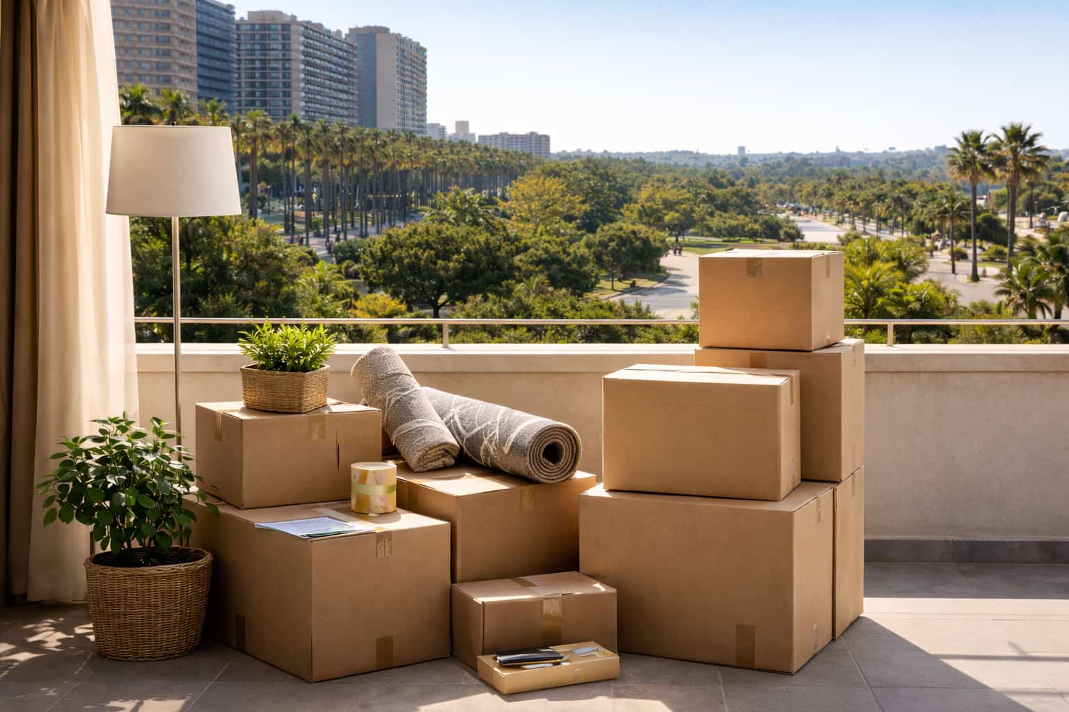Cajas de mudanza en un balcón con vistas al Jardín del Turia en Valencia