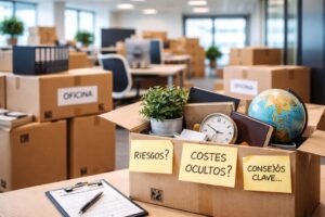 Mudanza corporativa de oficina en Valencia, con mobiliario y equipos organizados en un espacio moderno sin personas visibles