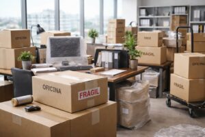Oficina moderna durante una mudanza empresarial en Valencia con cajas etiquetadas, muebles desmontados y equipos de oficina listos para traslado, sin personas y luz natural.
