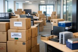 Oficina moderna en proceso de mudanza con cajas, archivos y equipos organizados para traslado corporativo
